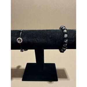 Adjustable Bracelet Duo – Silver Charm Bangle & Black Beaded Stretch Bracelet |